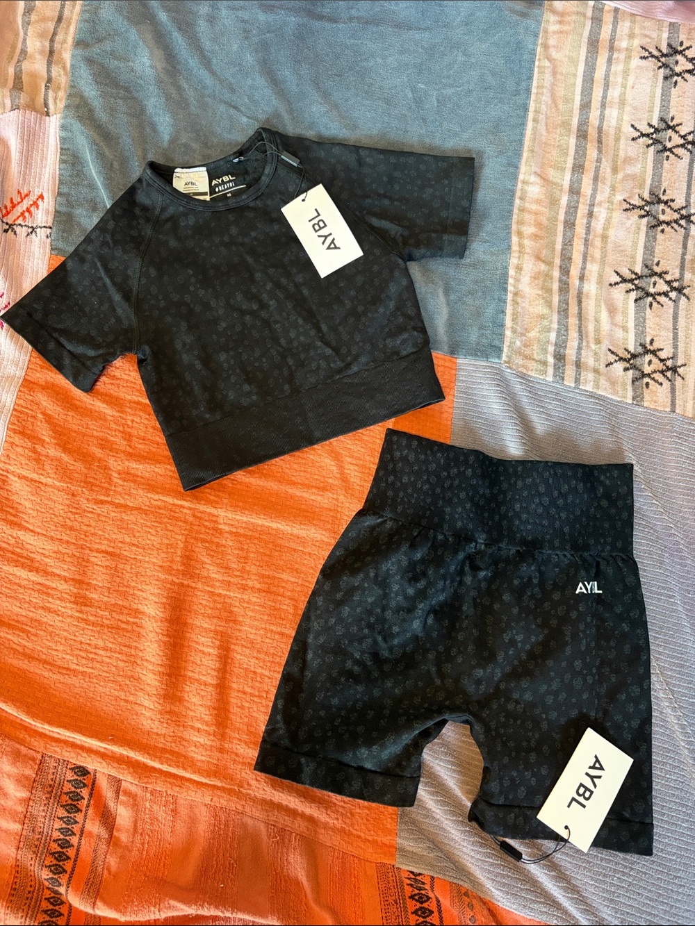 AYBL Black Tonal Pattern Crop Tee & High-Waist Biker Shorts Set